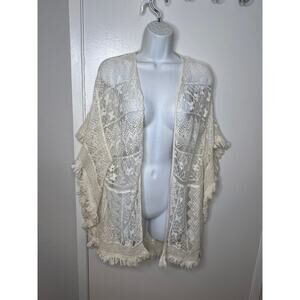 Crochet Lace Fringe Kimono Cardigan Boho Hippie Beachy Ivory ~ Size M